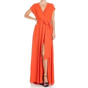 NWT MEGHAN LA Jasmine Side Slit Maxi Dress Flame (Orange) Size XXL Self Tie Belt